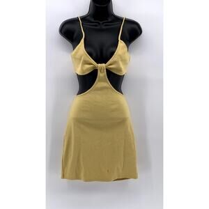 HEY BABE Women’s Yellow Ribbed V-Neck Cut-Out Spaghetti Strap Mini Dress SZ M
